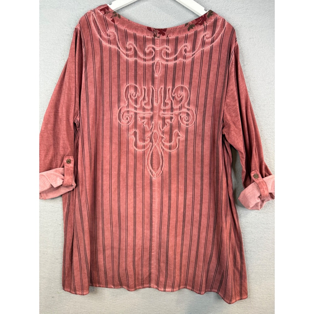 Ali Miles Top Womens 1X Pink Floral Embroidered Roll Tab Sleeve Boho Feminine - Picture 6 of 9